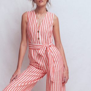 Laura V-neck Linen Jumpsuit-Red. Ivory Stripe