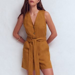 Laura V-neck Linen Playsuit-Gingerbread