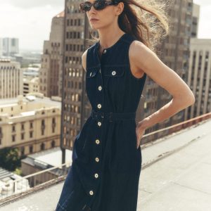 Short Gold Button Denim Dress-Indigo