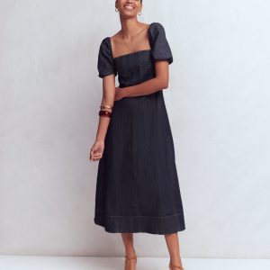Puff Sleeve Denim Dress-Indigo