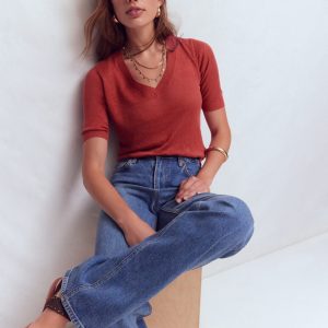 Agnes Linen V Neck T-Shirt-Burnt Orange