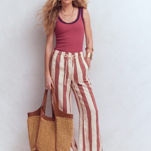 Islington Linen Pants-Ivory. Brown & Pink Stripe
