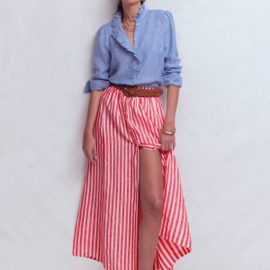 Emma Linen Maxi Skirt-Poppy Red and Ivory Stripe