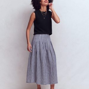 Valentina Linen Skirt-Navy Gingham