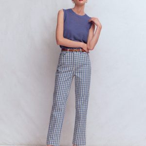 High Rise Straight Jeans-Blue Gingham