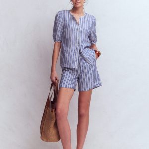 Islington Linen Shorts-Bright blue Stripe