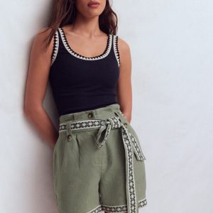 Paperbag Linen Belted Shorts-Agave Green Embroidery
