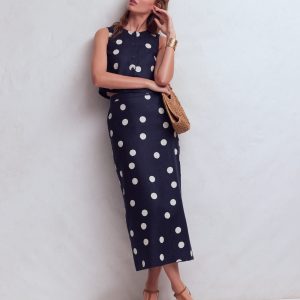 Longline Column Skirt-French Navy. Ivory Spot