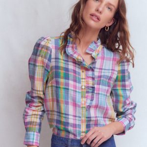 Isabel Ruffle Linen Shirt-Multi Check