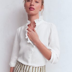 Isabel Ruffle Linen Shirt-White
