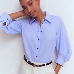Puff Sleeve Oxford Shirt-French Blue
