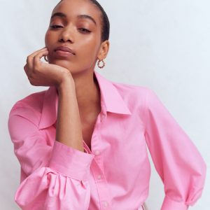 Puff Sleeve Oxford Shirt-Pink
