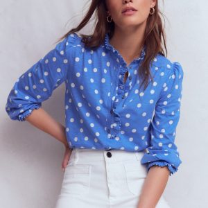 Emily Pom Detail Ruffle Shirt-Regatta. Painted Dot Spaced