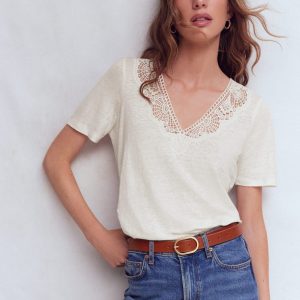 Tara Lace Trim Linen T-shirt-Coconut Milk
