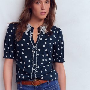 Nessa Broderie Collar Blouse-Navy & Ivory Spot Print