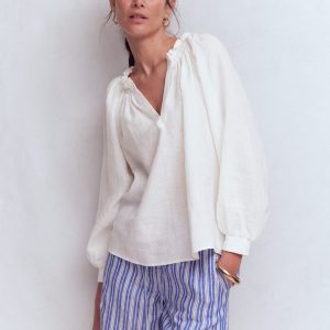 Serena Pleat Neck Linen Top-White