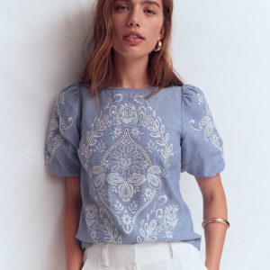 Linen Puff Sleeve Top-Chambray