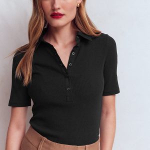 Collared Ribbed Henley Top-Black