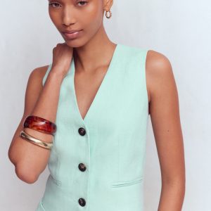 V-neck Linen Waistcoat-Spearmint