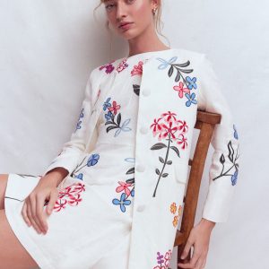 Embroidered Linen Coat-Ivory Embroidered
